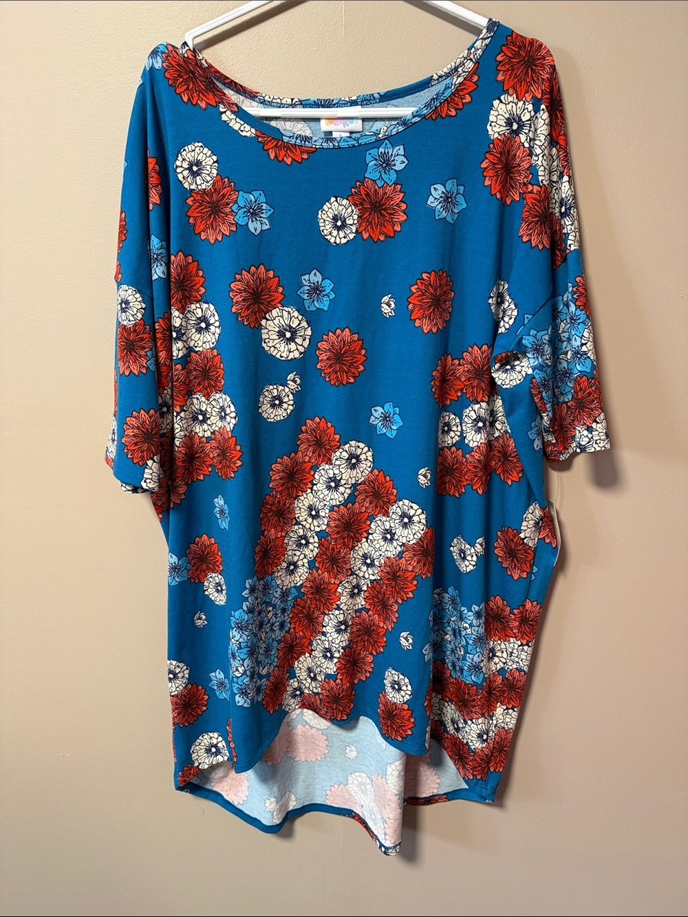 LuLaRoe Blue Floral Scoop Neck Tunic with Red & White Blooms